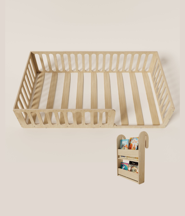 Cama de suelo Montessori con estantería incorporada