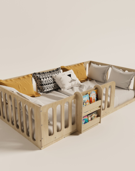 Natural Birch Montessori Floor Bed with Bookshelf