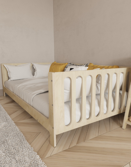 Child-safe Montessori bed with natural wood finish and elevated design for airflow