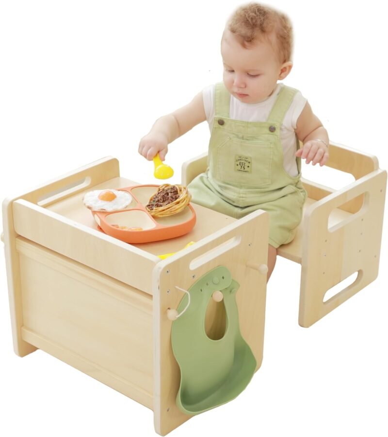 Montessori Weaning Tisch und Stuhl Set für Kleinkinder von 1-3 Jahren, höhenverstellbarer Tisch und Stuhl für Kleinkinder, Würfel Kindertisch Stuhl zum Lesen/Essen/Spielen, einfach zu montieren